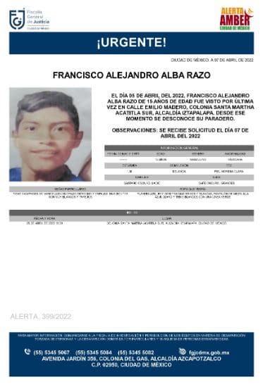 Activan Alerta Amber para localizar a Francisco Alejandro Alba Razo.