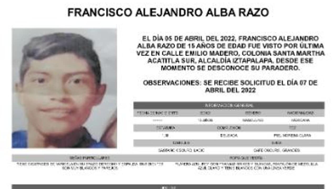Activan Alerta Amber para localizar a Francisco Alejandro Alba Razo