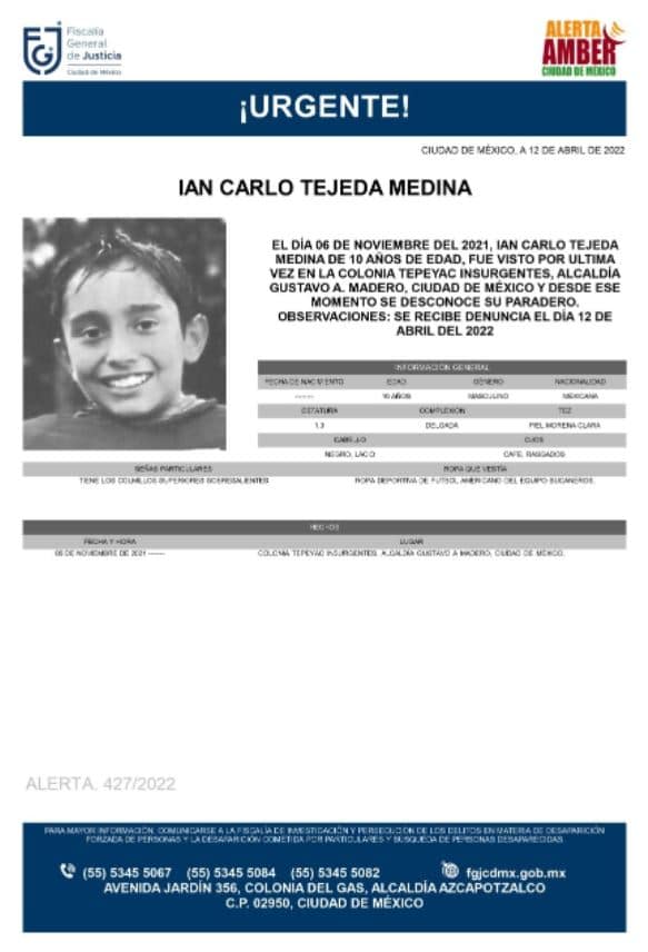 Activan Alerta Amber para localizar a Ian Carlo Tejeda Medina
