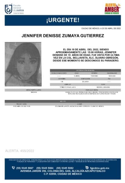 Activan Alerta Amber para localizar a Jennifer Denisse Zamaya Gutiérrez