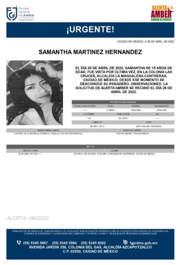 Activan Alerta Amber para localizar a Samantha Martínez Hernández