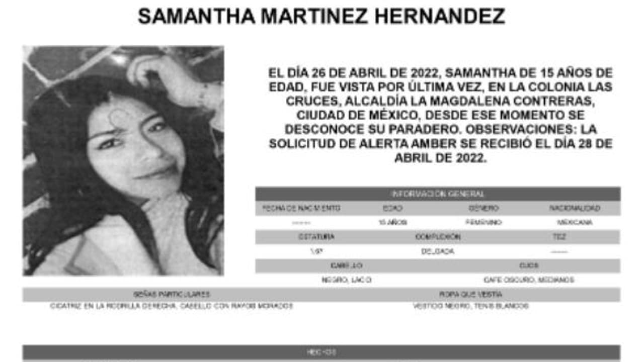 Activan Alerta Amber para localizar a Samantha Martínez Hernández.