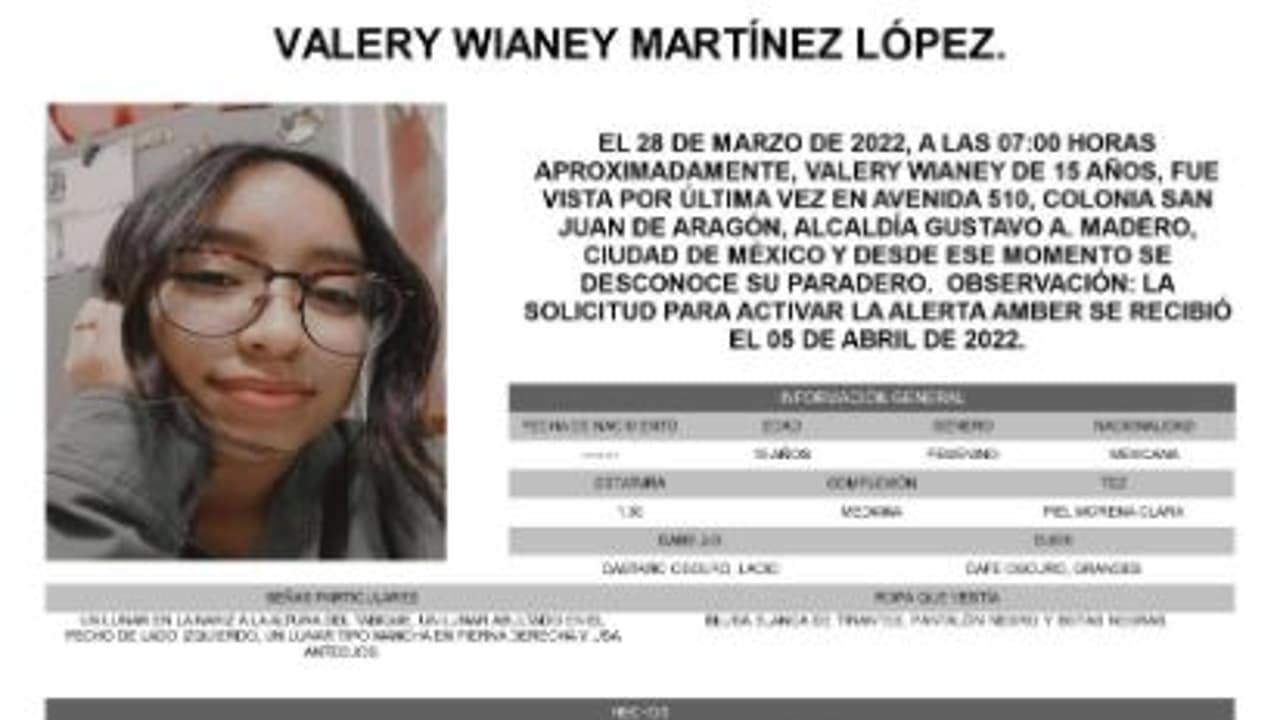 Activan Alerta Amber para localizar a Valery Wianey Martínez López.