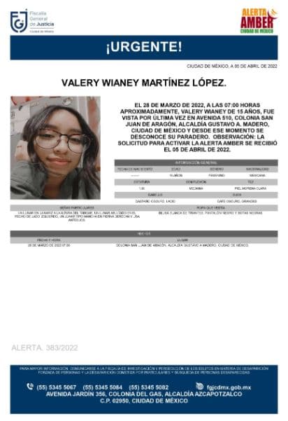 Activan Alerta Amber para localizar a Valery Wianey Martínez López