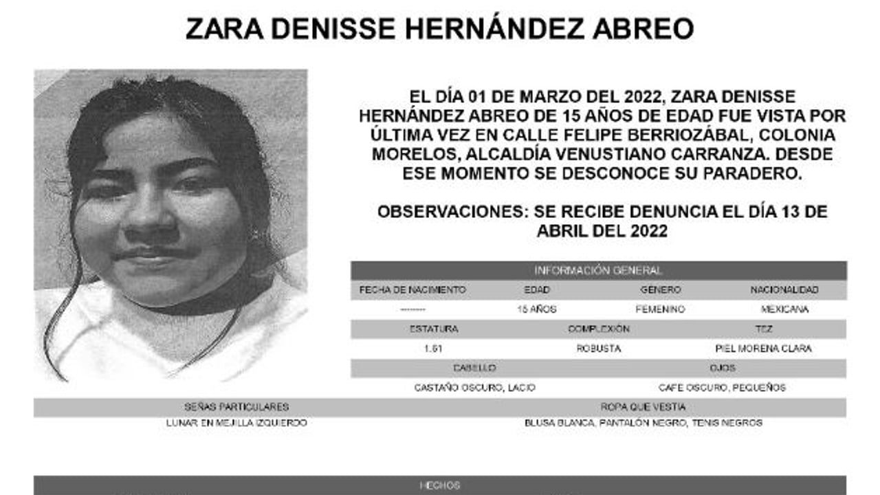 Activan Alerta Amber para localizar a Zara Denisse Hernández Abreo