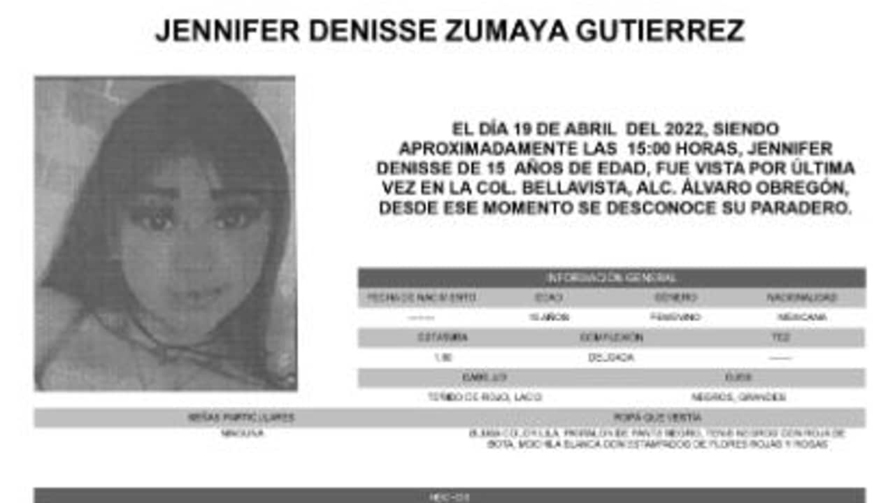Activan Alerta Amber para localizar a Jennifer Denisse Zamaya Gutiérrez.