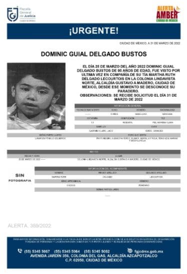Activan Alerta Amber para localizar a Dominic Guial Delgado Bustos