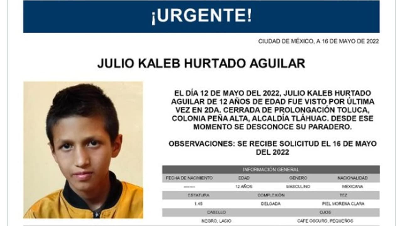 Activan Alerta Amber para localizar a Julio Kaleb Hurtado Aguilar.