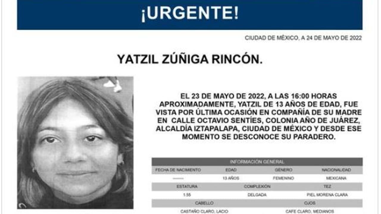 Activan Alerta Amber para localizar a Yatzil Zúñiga Rincón