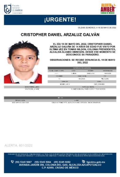Activan Alerta Amber para localizar a Cristopher Daniel Arzaluz Galván