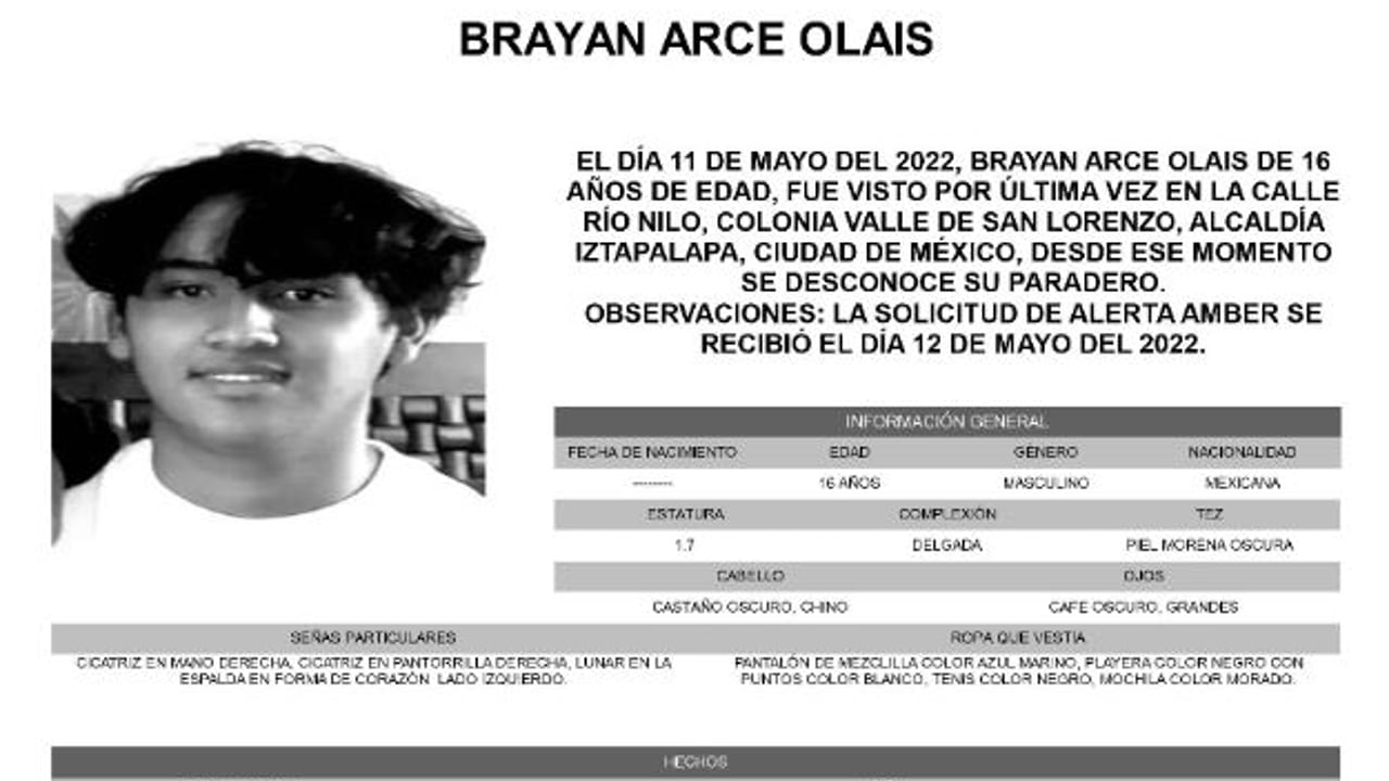 Activan Alerta Amber para localizar a Brayan Arce Olais