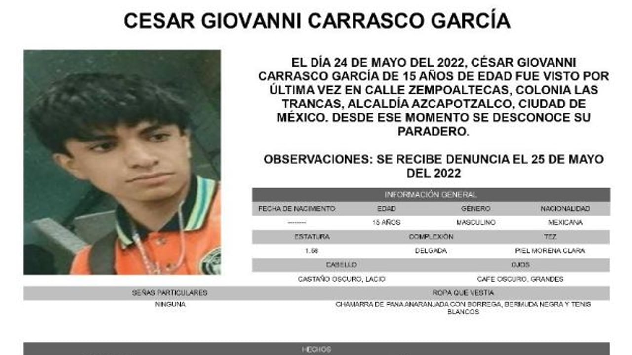 Activan Alerta Amber para localizar a Cesar Giovanni Carrasco García.