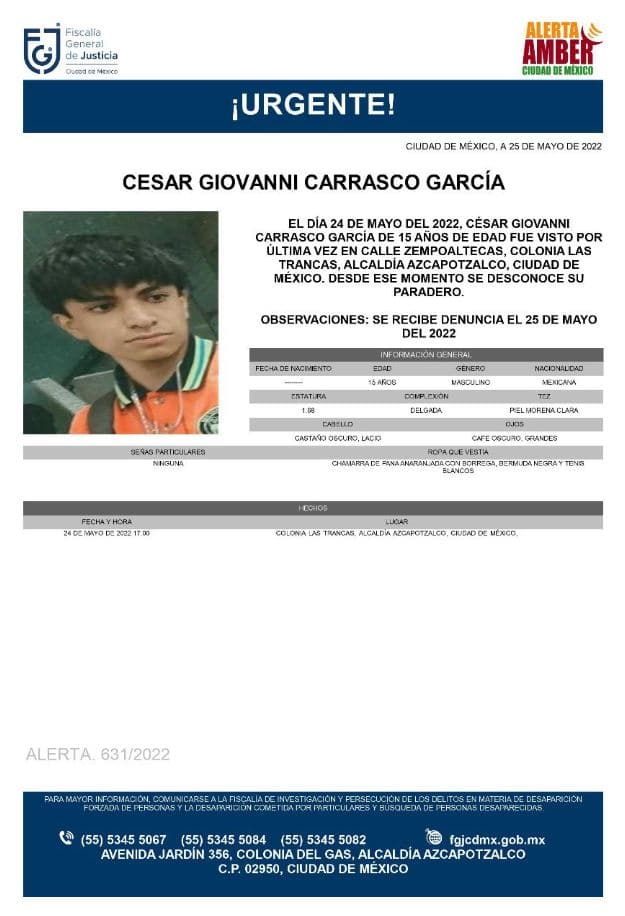 Activan Alerta Amber para localizar a Cesar Giovanni Carrasco García