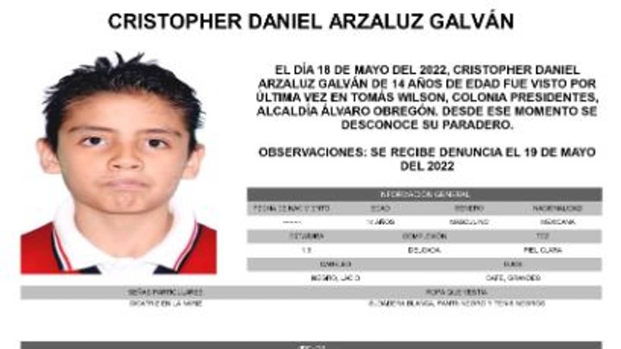 Activan Alerta Amber para localizar a Cristopher Daniel Arzaluz Galván. Fuente: Twitter @FiscaliaCDMX