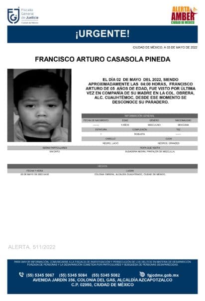 Activan Alerta Amber para localizar a Francisco Arturo Casasola Pineda