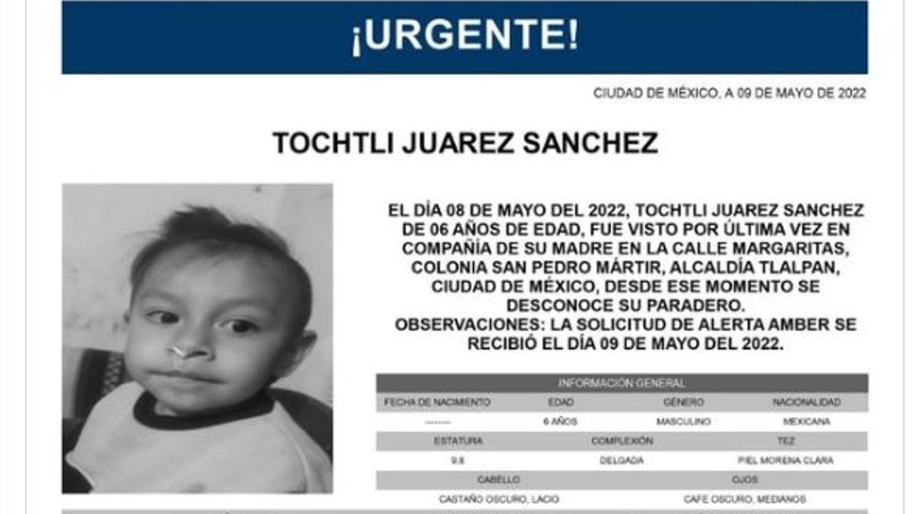 Activan Alerta Amber para localizar a Tochtli Juárez Sánchez