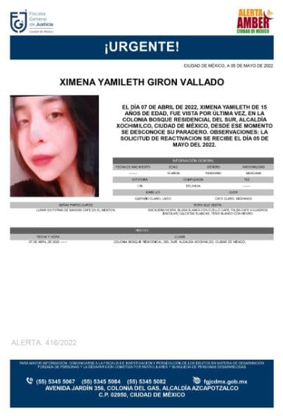 Activan Alerta Amber para localizar a Ximena Yamileth Girón Vallado