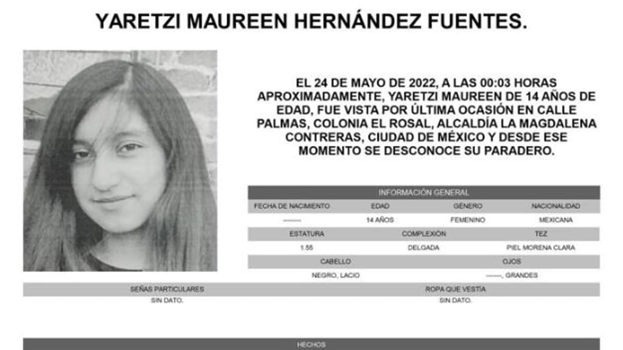 Activan Alerta Amber para localizar a Yaretzi Maureen Hernández Fuentes.