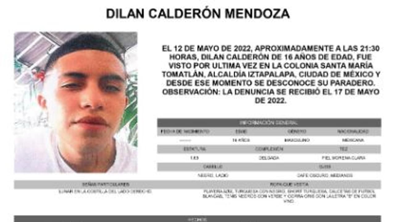 Activan Alerta Amber para localizar a Dilan Calderón Mendoza