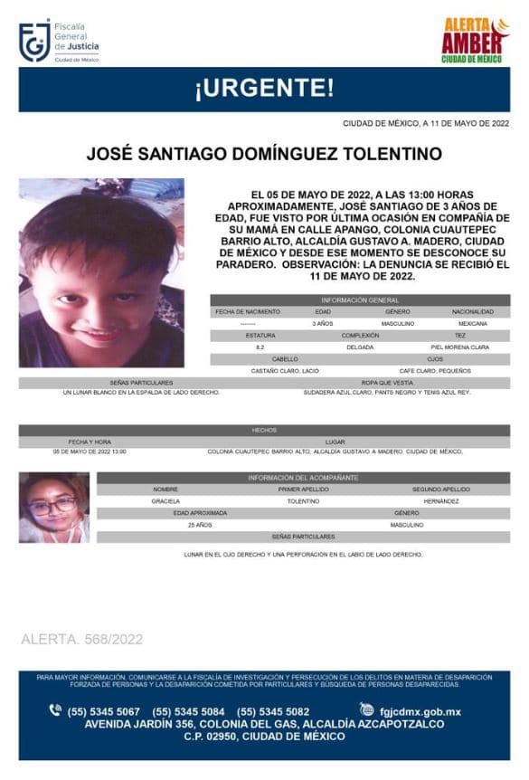 Activan Alerta Amber para localizar a José Santiago Domínguez Tolentino.