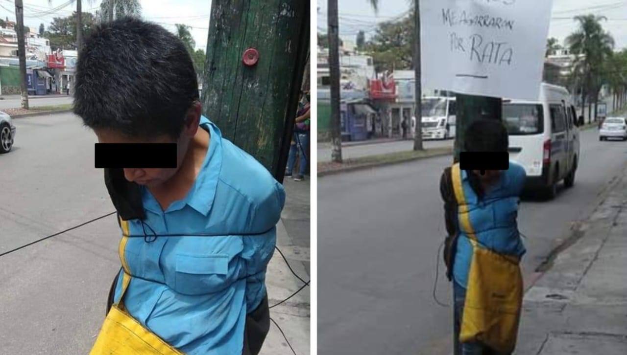 Vecinos amarran a poste a presunta asaltante en Cuernavaca