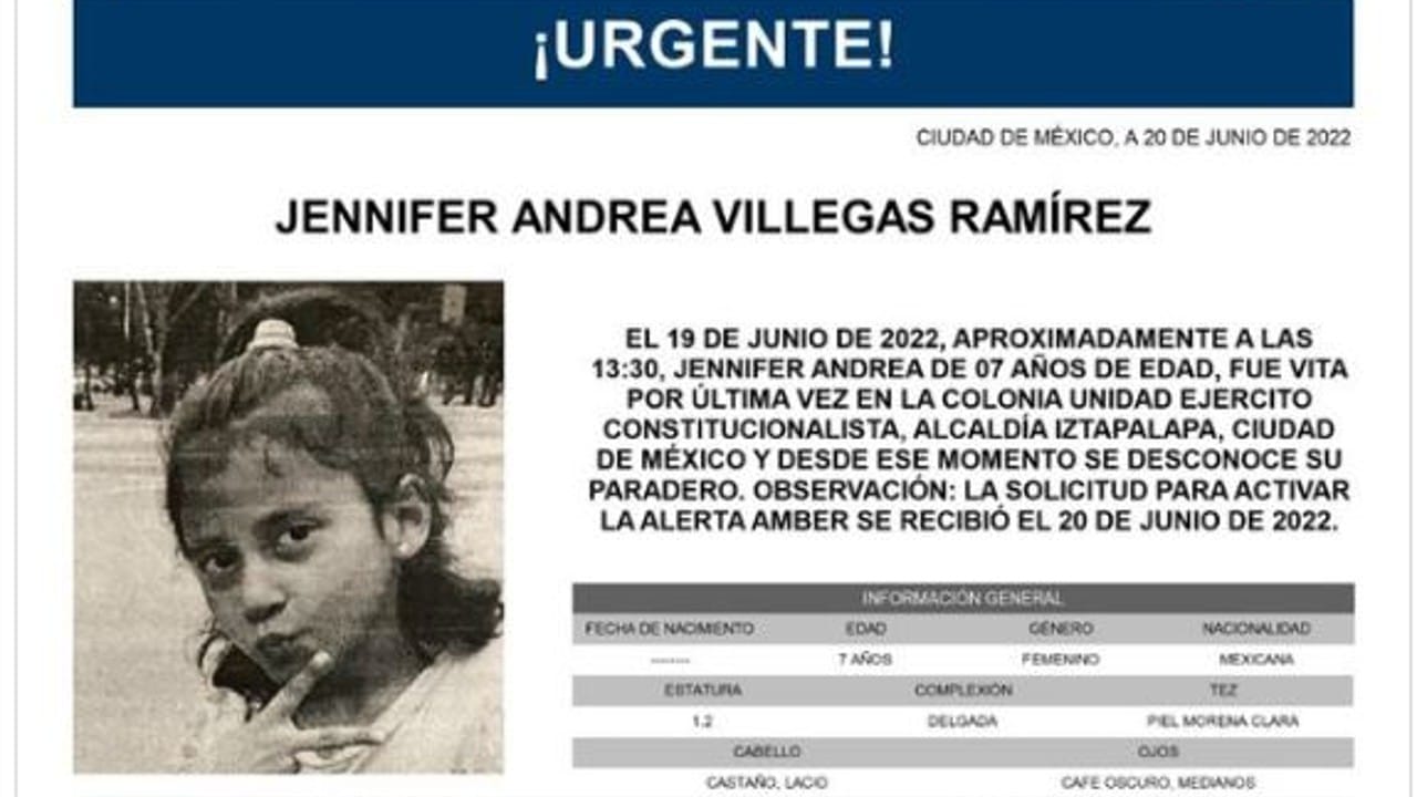 Activan Alerta Amber para localizar Jennifer Andrea Villegas Ramírez, de 7 años
