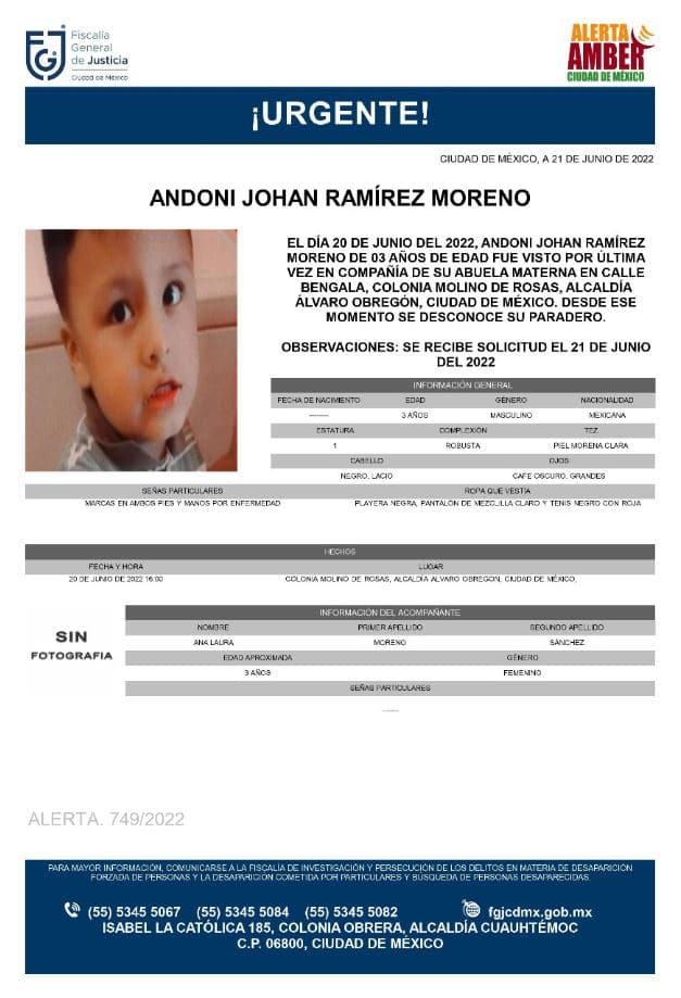 Activan Alerta Amber para localizar a Andoni Johan Ramírez Moreno