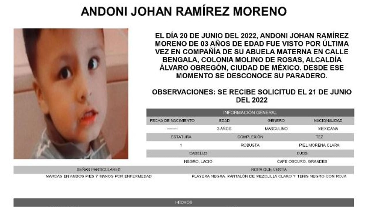 Activan Alerta Amber para localizar a Andoni Johan Ramírez Moreno.