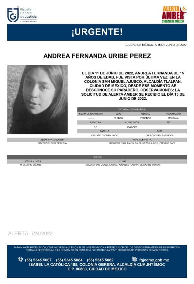 Activan Alerta Amber para localizar a Andrea Fernanda Uribe Pérez