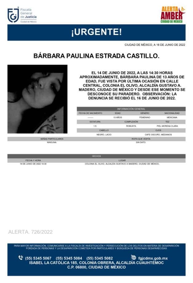 Activan Alerta Amber para localizar a Bárbara Paulina Estrada Carrillo