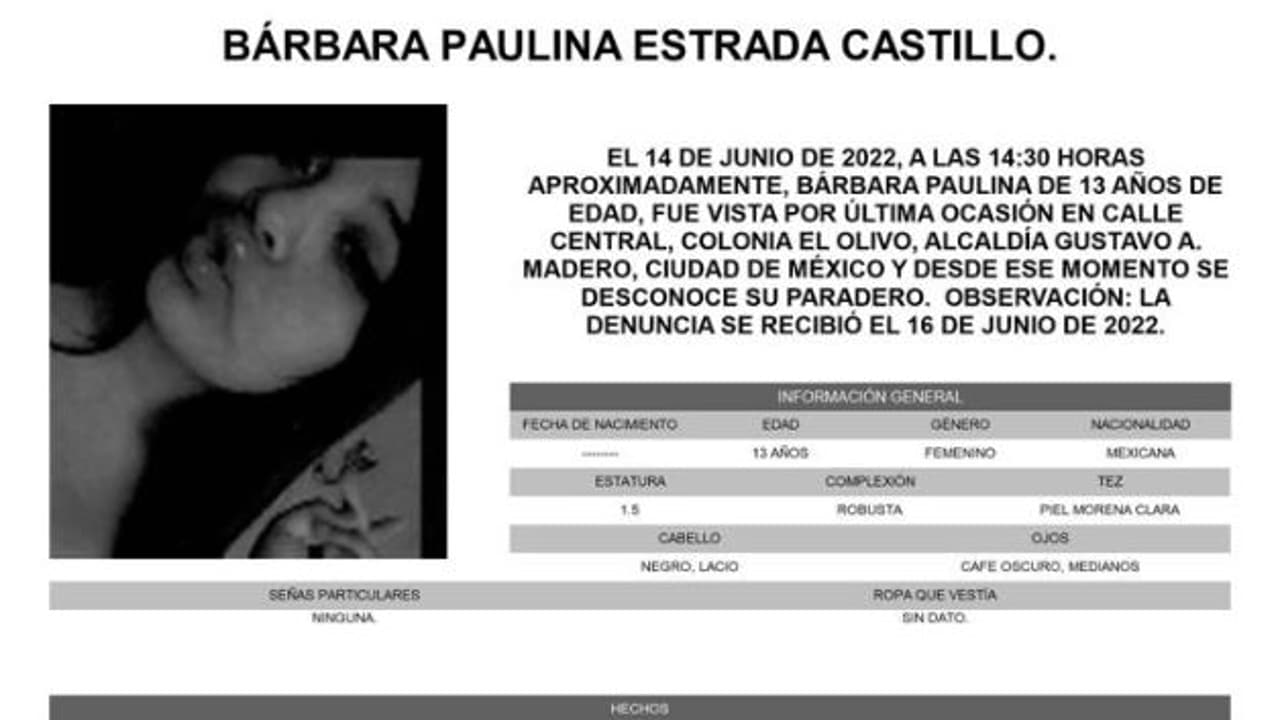 Activan Alerta Amber para localizar a Bárbara Paulina Estrada Carrillo