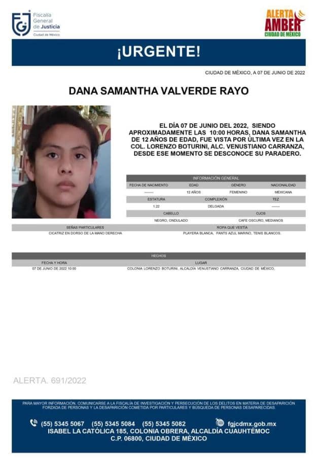 Activan Alerta Amber para localizar a Dana Samantha Valverde Rayo