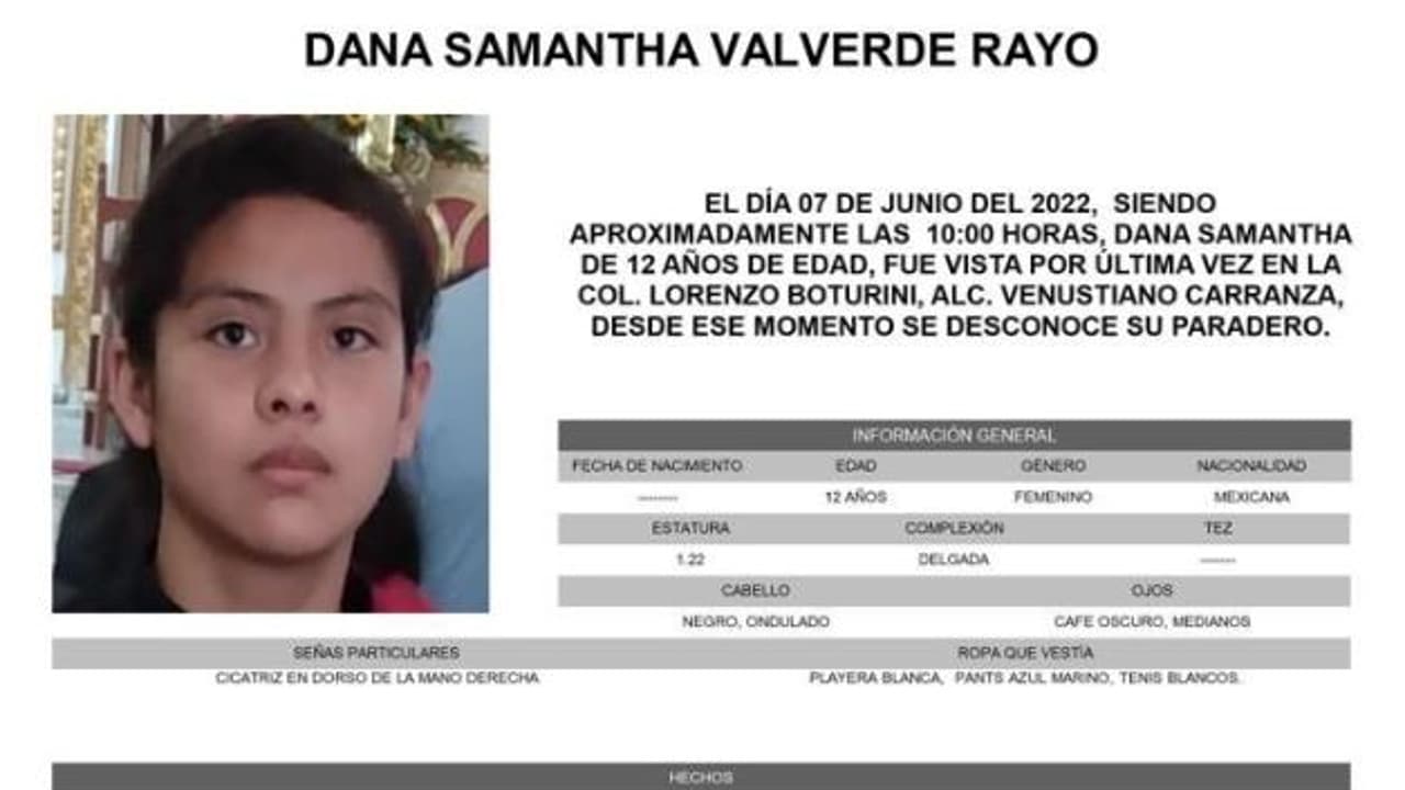 Activan Alerta Amber para localizar a Dana Samantha Valverde Rayo.