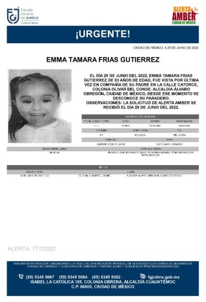 Activan Alerta Amber para localizar a Emma Tamara Frías Gutiérrez