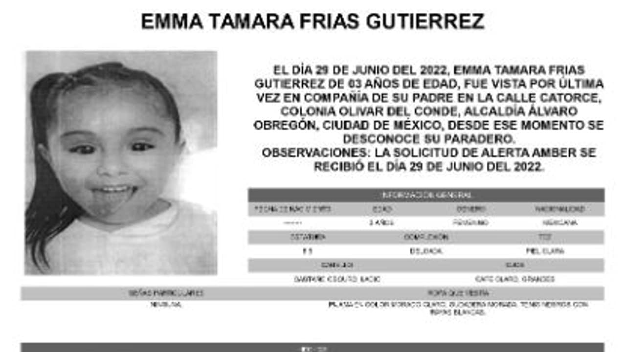 Activan Alerta Amber para localizar a Emma Tamara Frías Gutiérrez
