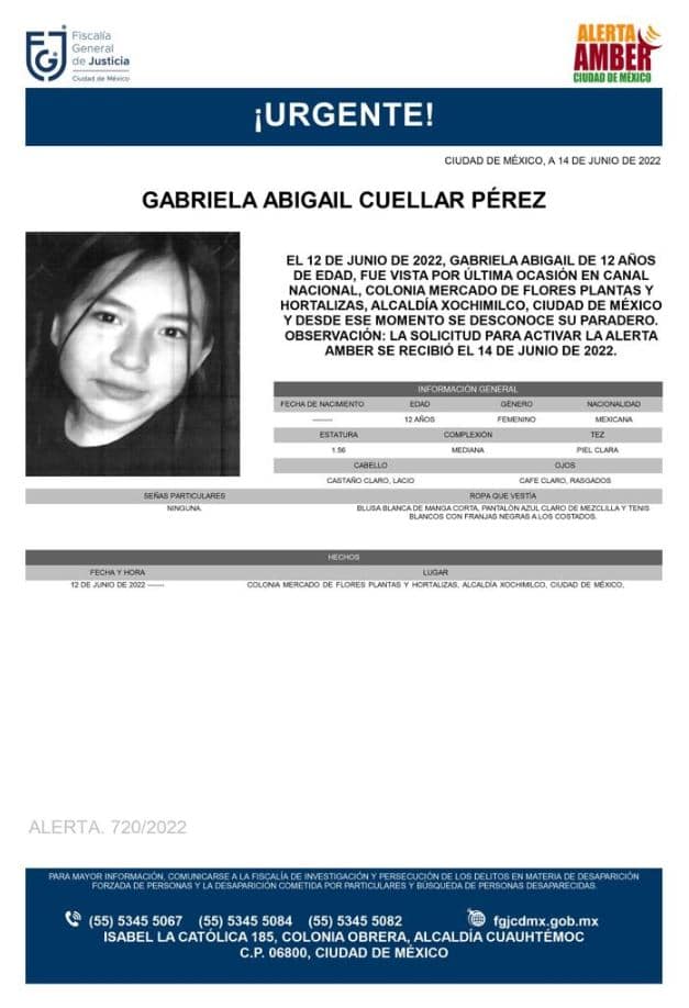 Activan Alerta Amber para localizar a Gabriela Abigail Cuéllar Pérez