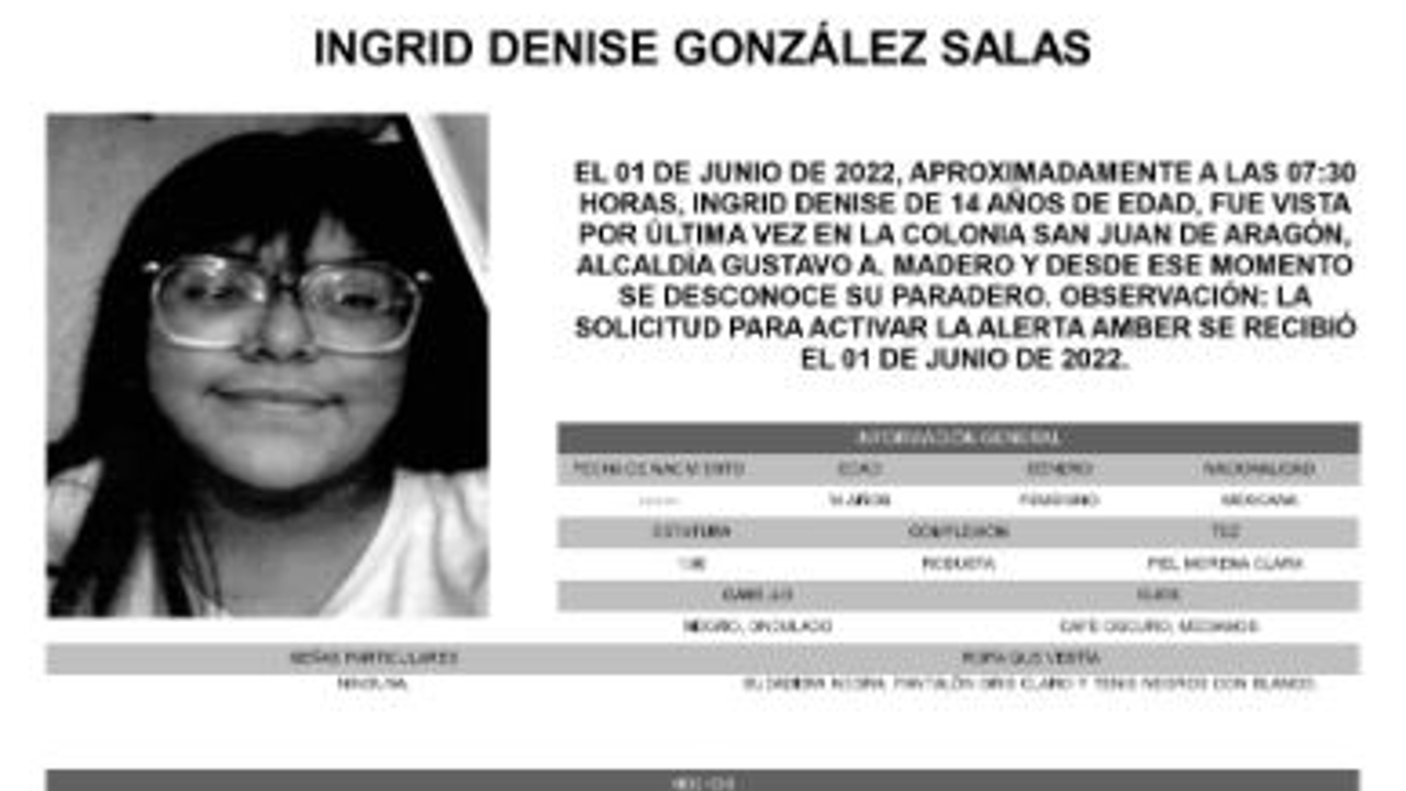 Activan Alerta Amber para localizar a Ingrid Denise González Salas. Fuente: Twitter @FiscaliaCDMX