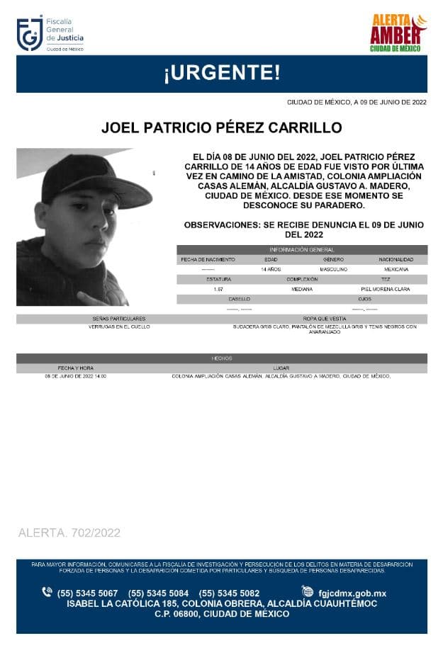 Activan Alerta Amber para localizar a Joel Patricio Pérez Carrillo