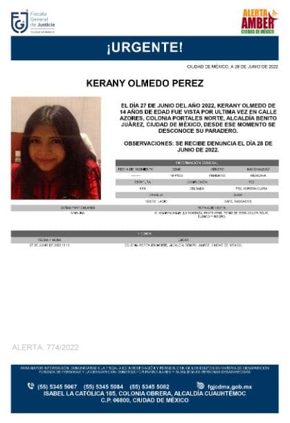 Activan Alerta Amber para localizar a Kerany Olmedo Pérez