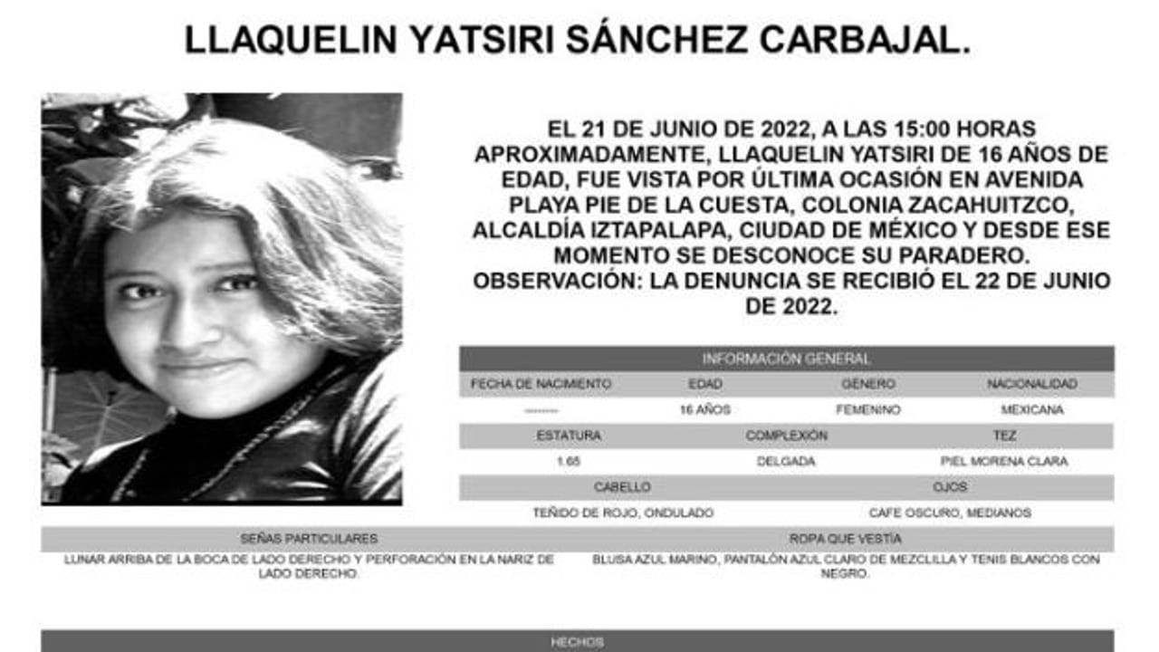 Activan Alerta Amber para localizar a Llaquelin Yatsiri Sánchez Carbajal.