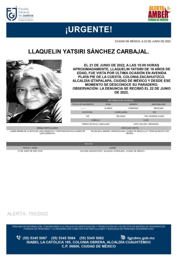 Activan Alerta Amber para localizar a Llaquelin Yatsiri Sánchez Carbajal