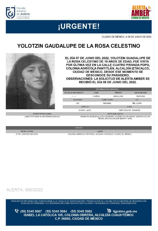 Activan Alerta Amber para localizar a Yolotzin Guadalupe de la Rosa Celestino