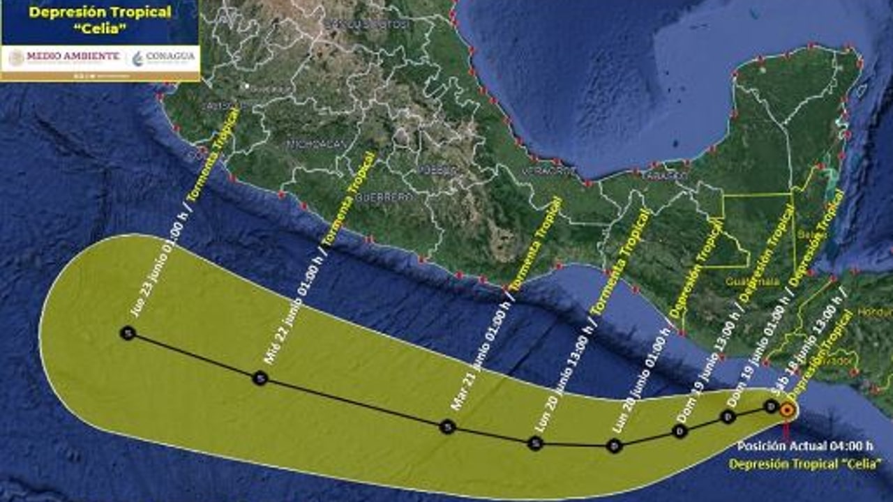 Mapa que muestra la trayectoria de la depresión tropical Celia