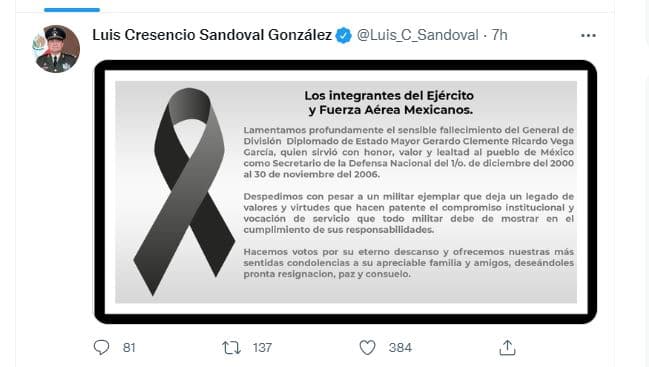 Tuit del actual secretario de la Defensa Nacional, Luis Cresencio Sandoval González.