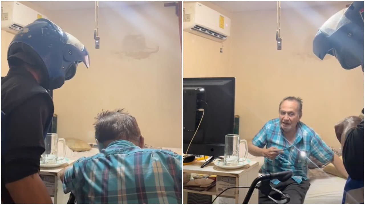 anciano, adulto mayor, silla de ruedas, embolia, pizza, repartidos, captura de pantalla