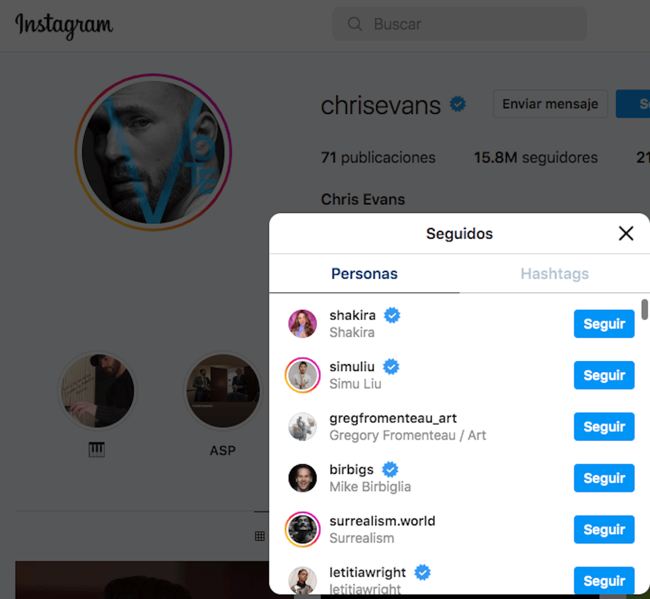 Chris Evans Sigue Shakira Instagram