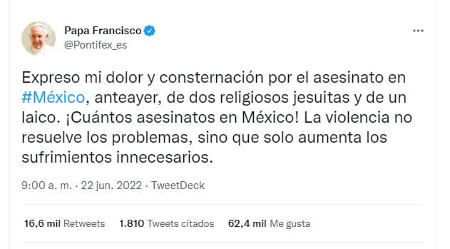 Tuit del papa Francisco sobre la violencia en México. 