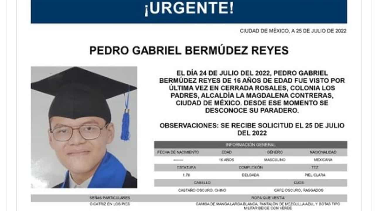 Activan Alerta Amber para localizar a Pedro Gabriel Bermúdez Reyes.