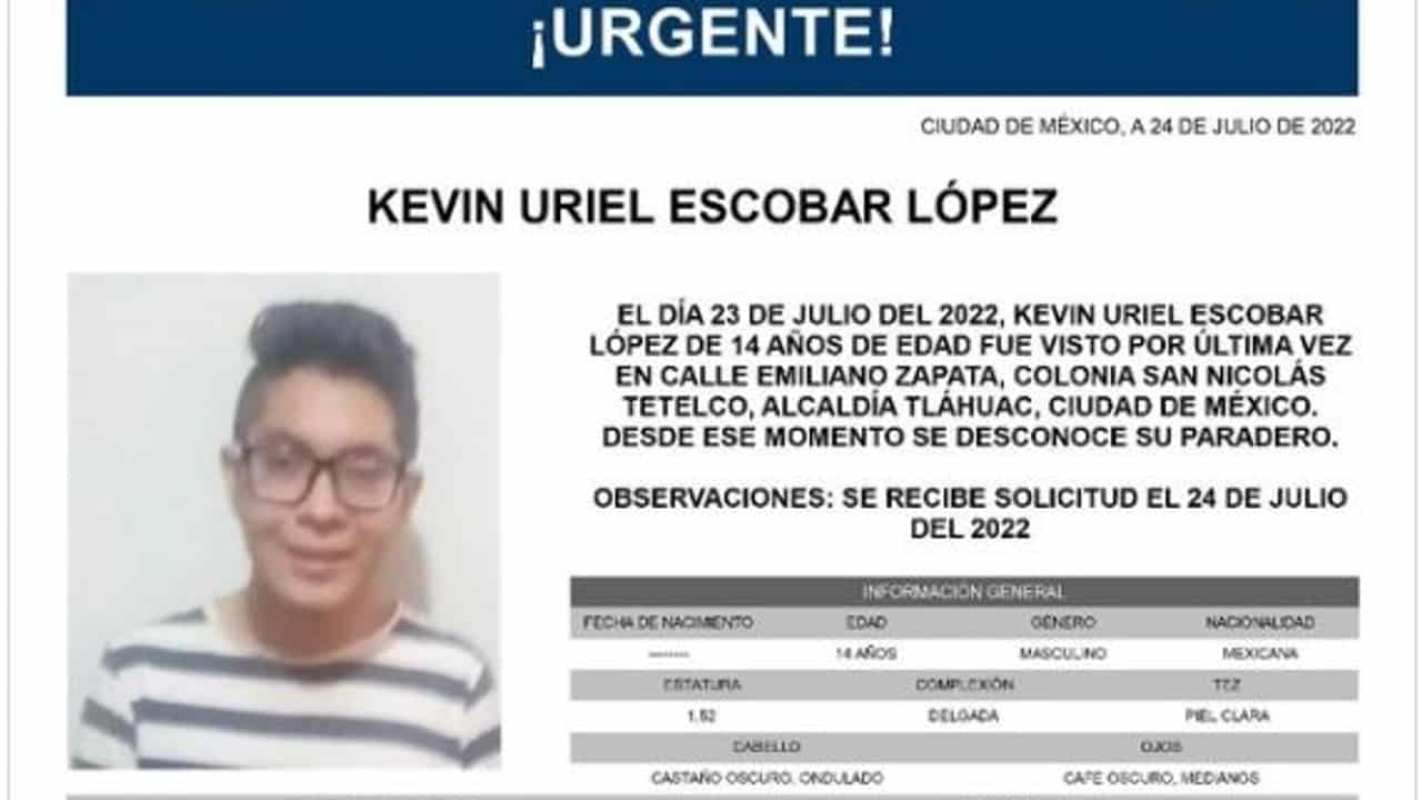 Activan Alerta Amber para localizar a Kevin Uriel Escobar López