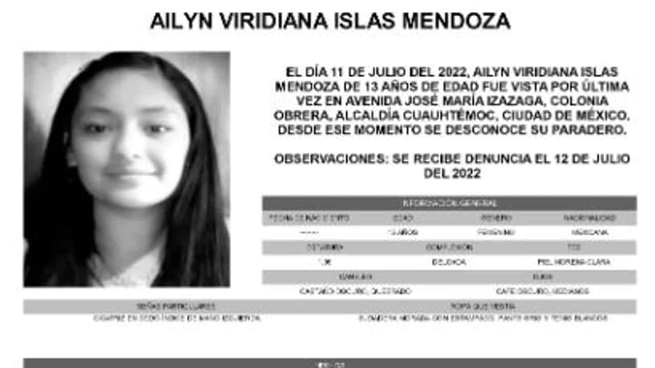 Activan Alerta Amber para localizar a Ailyn Viridiana Islas Mendoza.